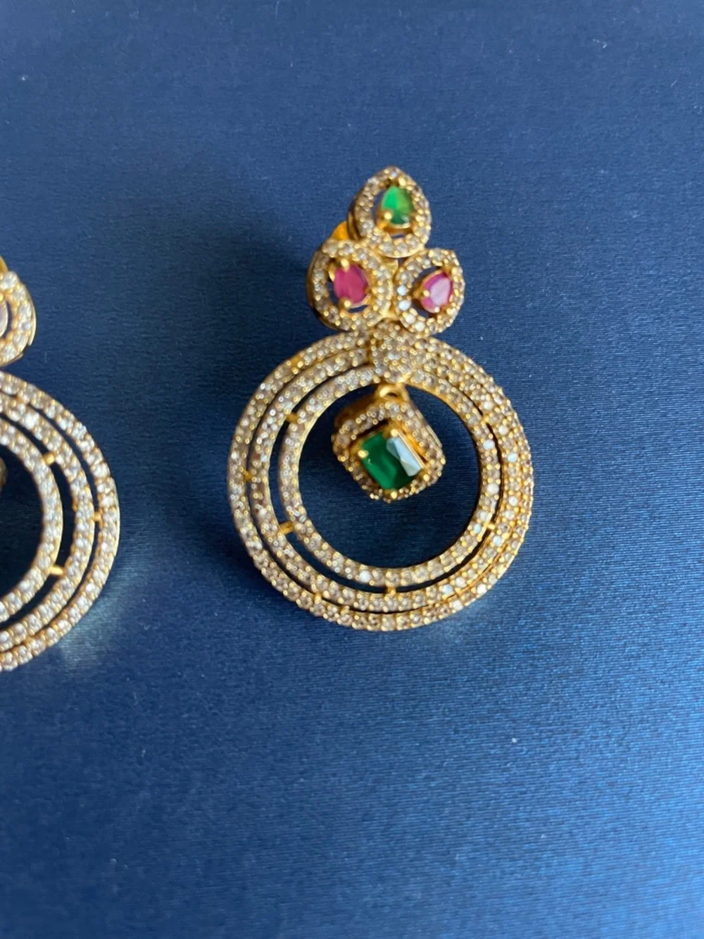 Gold-Tone Multi-Gem Drop Earrings with Green and Pink Stones